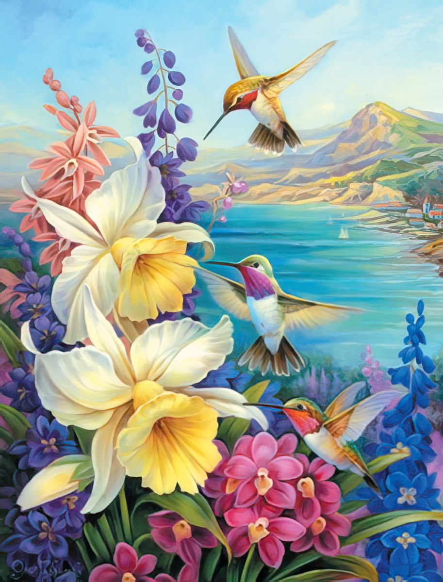 Detailed artwork of white daffodils, pink and purple flowers, and three hummingbirds by a shimmering blue lake.