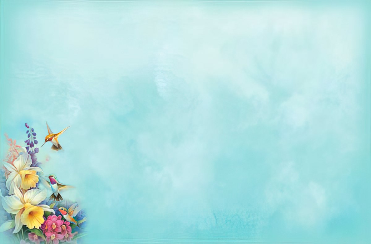 The interior of a blank greeting card, featuring a light blue, cloudy sky design with a floral accent in the corner.