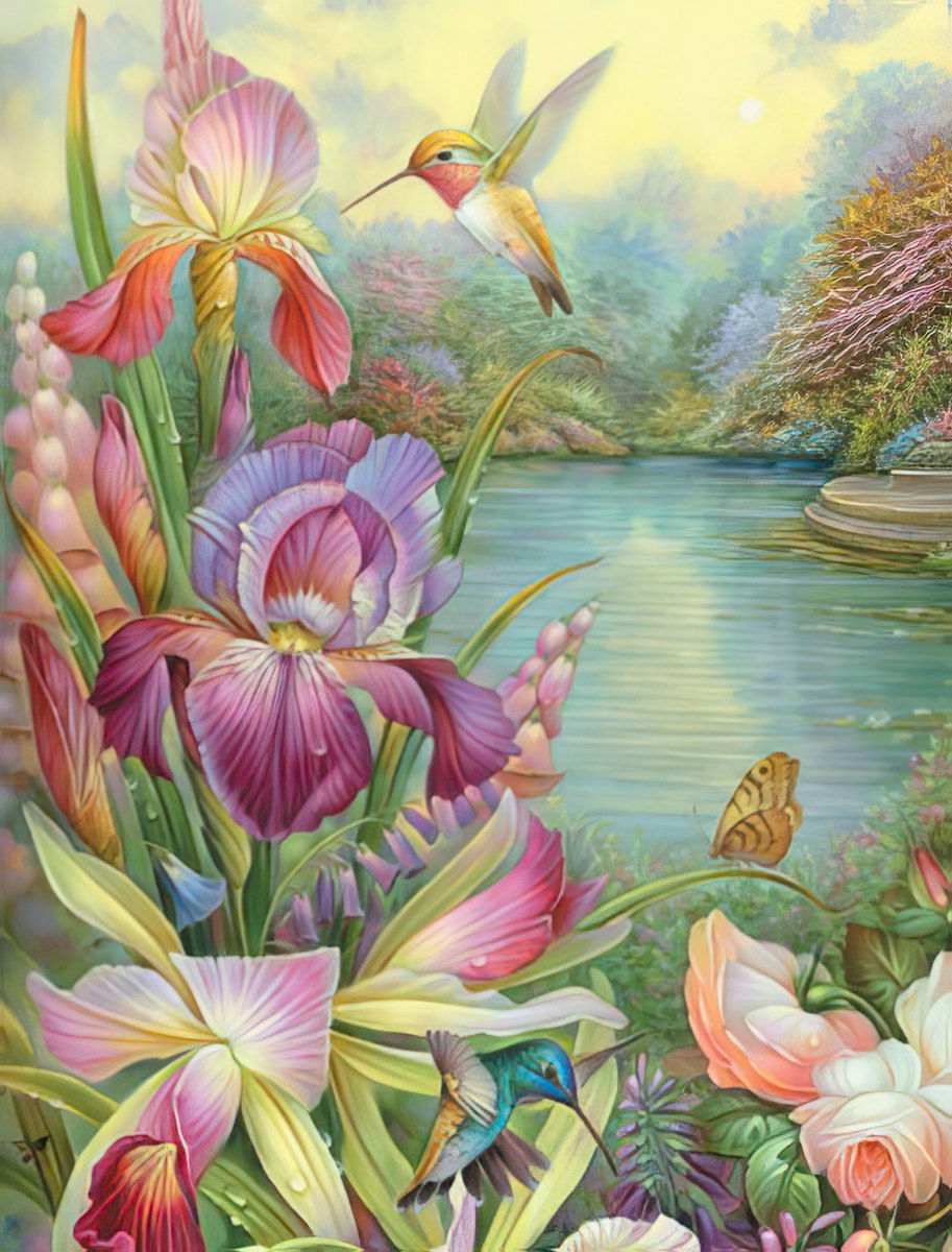 Elegant greeting card design with vibrant purple irises, various pink blossoms, a butterfly, and a hummingbird by a pond.