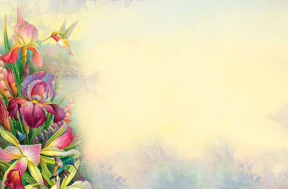 Blank inside of a greeting card with a soft yellow background, bordered by the iris and hummingbird artwork on the left.