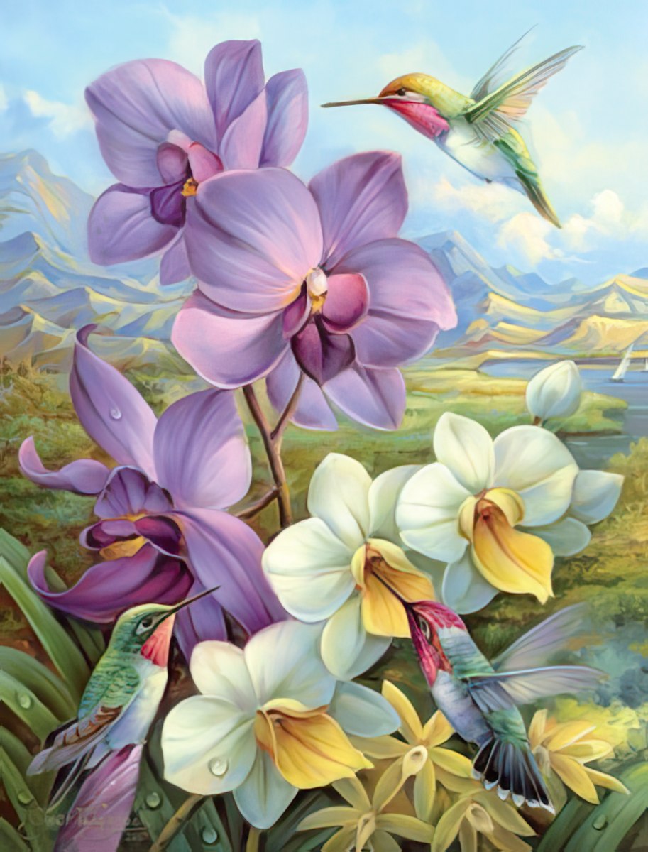 Stunning card art featuring large purple and white orchids with hummingbirds, against a serene mountain and lake backdrop.