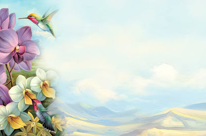 Inside of a greeting card with a subtle light blue sky and mountain background, complemented by orchid and hummingbird art.