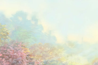 The inside of a blank greeting card with a dreamy, light-colored background, hinting at soft foliage and sky.