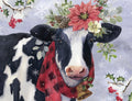 SEO-optimized alt text: Whimsical watercolor illustration of a black and white dairy cow wearing a red plaid scarf with a small golden bell, adorned with a festive head wreath of red poinsettias, green holly, pinecones, and snowflakes, set against a light blue snowy background. Ideal for cute Christmas greeting cards.