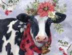 SEO-optimized alt text: Whimsical watercolor illustration of a black and white dairy cow wearing a red plaid scarf with a small golden bell, adorned with a festive head wreath of red poinsettias, green holly, pinecones, and snowflakes, set against a light blue snowy background. Ideal for cute Christmas greeting cards.