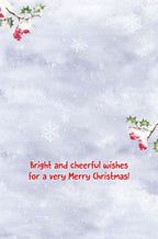 SEO-optimized alt text: Inside view of a Christmas greeting card featuring a soft blue and white watercolor snowy background with scattered snowflakes and branches of red holly berries. Bold red text in the center reads: 'Bright and cheerful wishes for a very Merry Christmas!'.