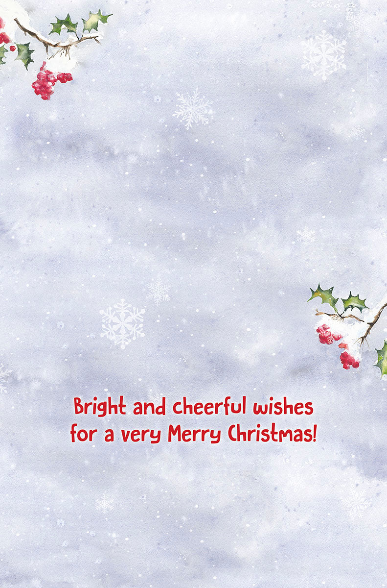 SEO-optimized alt text: Inside view of a Christmas greeting card featuring a soft blue and white watercolor snowy background with scattered snowflakes and branches of red holly berries. Bold red text in the center reads: 'Bright and cheerful wishes for a very Merry Christmas!'.