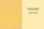 Inside of a funny greeting card with beige background and purple wavy lines, revealing the punchline 'But if you were milk, I'd sniff you first. Happy Birthday.' for a playful age joke.