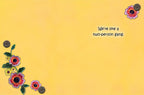 Inside of a friendship greeting card with a bright yellow background, decorated with vintage floral accents and the sweet message 'We're like a two-person gang.'
