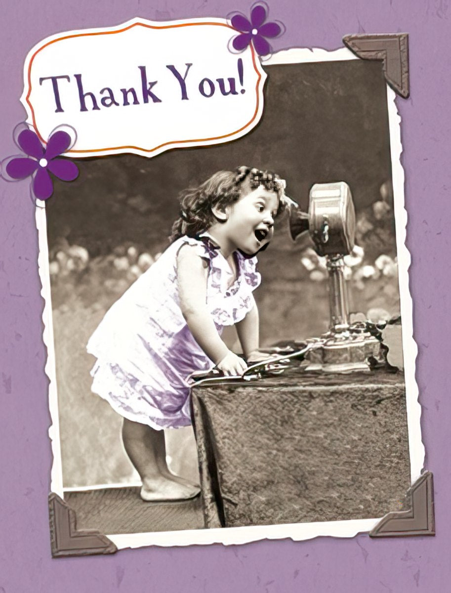 Cute thank you card for parents featuring a sepia-toned photo of a joyful child speaking into a vintage telephone, framed with purple flowers and 'Thank You!' text.
