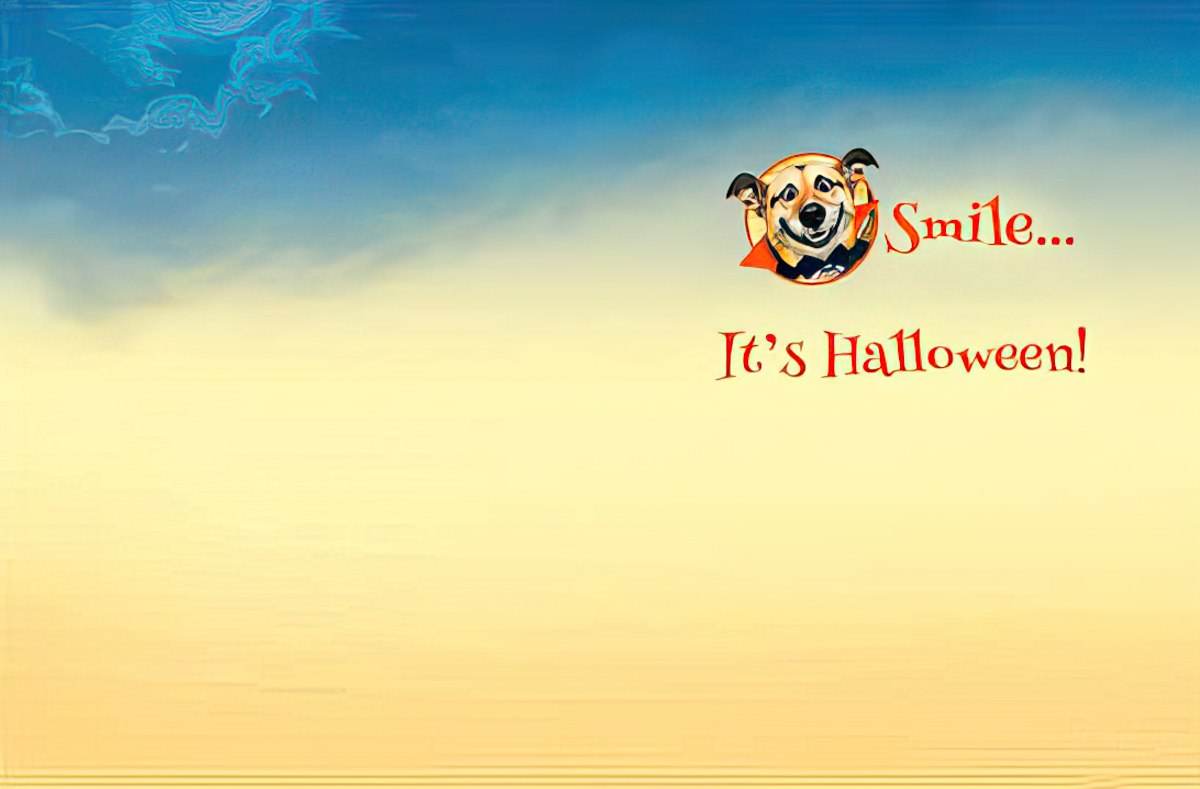 Interior of a charming greeting card with a light blue and yellow gradient background, featuring a smiling dog in a vampire costume and the playful text 'Smile... It's Halloween!' in red script. Blank space for a personalized message.