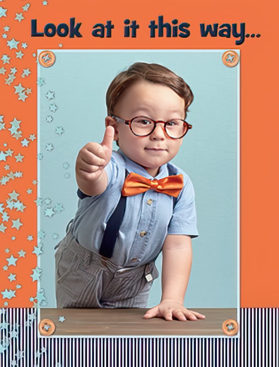 Front of a delightful birthday greeting card featuring an adorable toddler boy wearing glasses and an orange bow tie, giving a cheerful thumbs-up, framed by star confetti on an orange and light blue background. Perfect for a child's celebration.