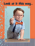 Front of a delightful birthday greeting card featuring an adorable toddler boy wearing glasses and an orange bow tie, giving a cheerful thumbs-up, framed by star confetti on an orange and light blue background. Perfect for a child's celebration.