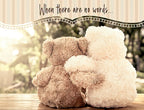 Front of an encouragement greeting card featuring two plush teddy bears hugging on a rustic wooden surface with soft, glowing sunlight in the background. The card reads 'When there are no words...'