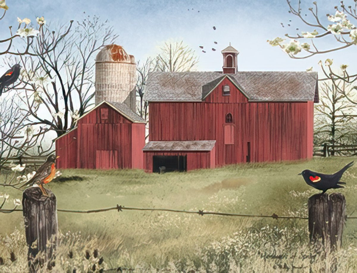 Close-up of a Billy Jacobs Country Charm Christmas note card featuring a red barn, silo, and birds on fence posts in a winter or early spring scene.
