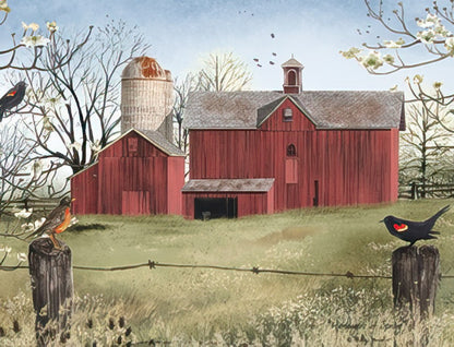 Close-up of a Billy Jacobs Country Charm Christmas note card featuring a red barn, silo, and birds on fence posts in a winter or early spring scene.