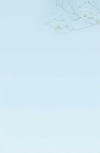 Inside view of the Billy Jacobs note card, blank light blue with a faint branch design, ready for a personalized message.