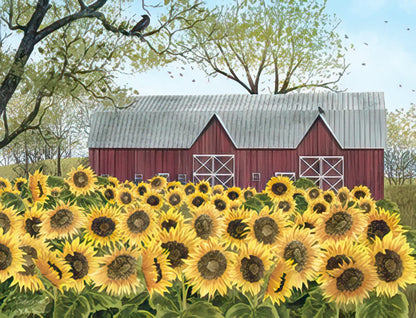 Close-up of a Billy Jacobs Country Charm Christmas note card featuring a red barn nestled behind a vibrant field of sunflowers.