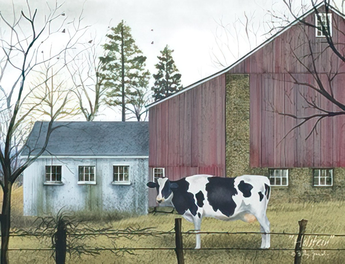 Close-up of a Billy Jacobs Country Charm Christmas note card with a black and white cow in front of a rustic red barn and white farmhouse.