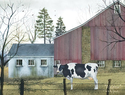 Close-up of a Billy Jacobs Country Charm Christmas note card with a black and white cow in front of a rustic red barn and white farmhouse.