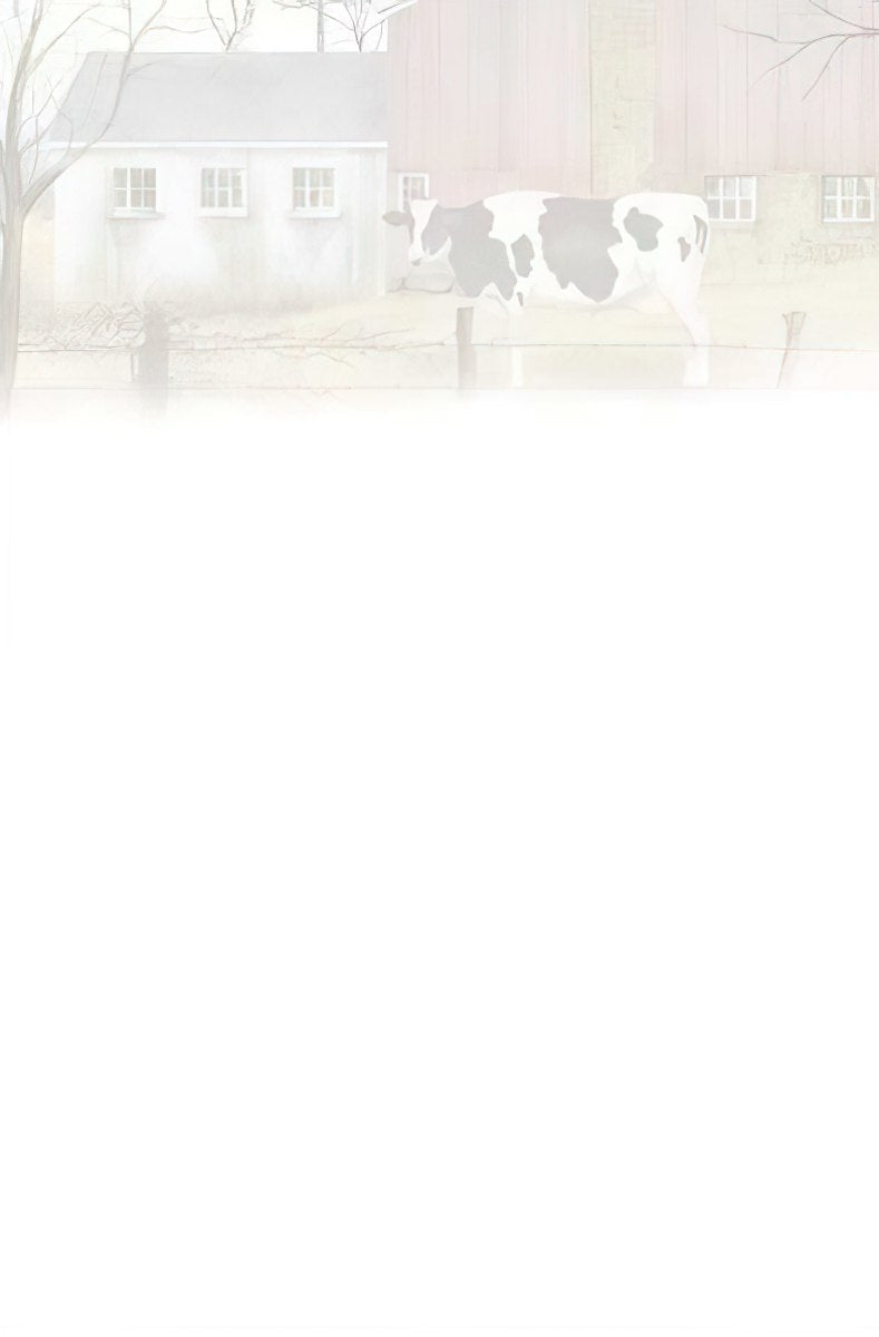 Inside view of the Billy Jacobs note card, blank white with a faint outline of the barn and cow scene, offering ample writing space.