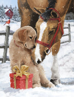 Charming holiday greeting card featuring a golden retriever and a majestic horse standing together in a snowy field, with a red gift box, a cardinal on a fence, and a red barn in the background. Perfect for sending warm festive wishes.