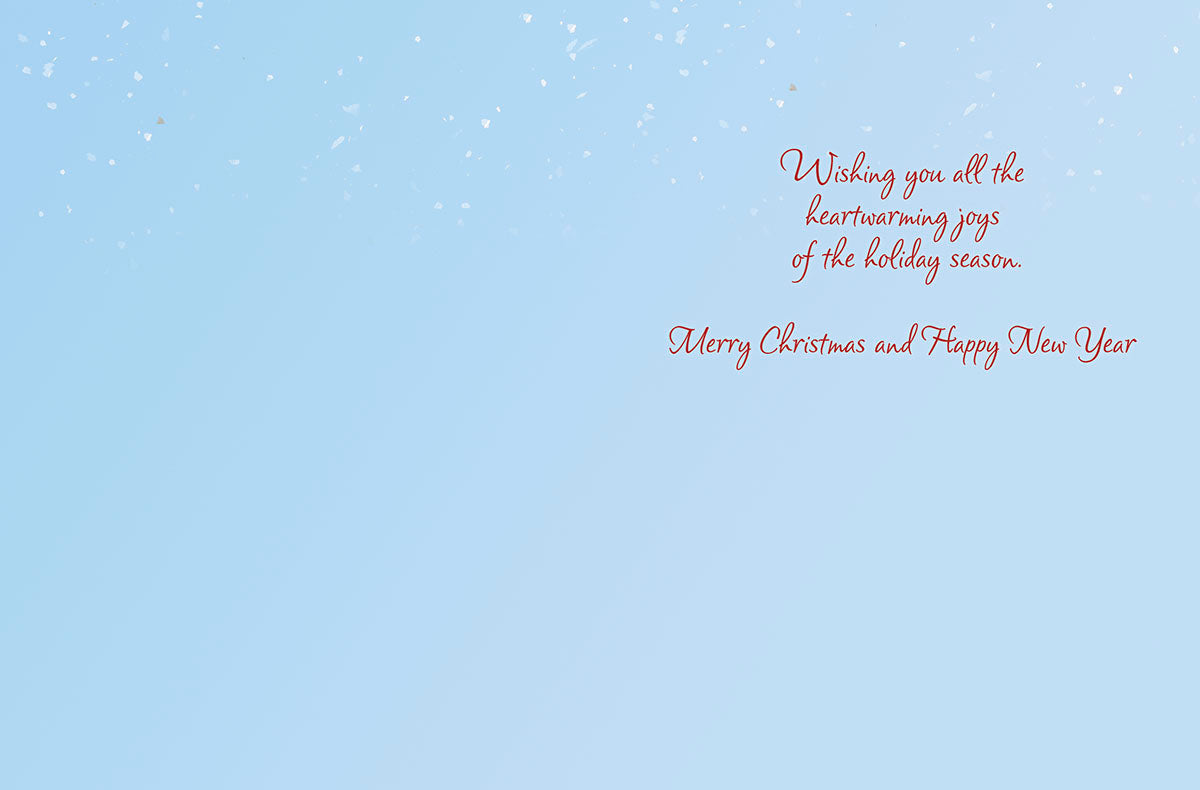 Inside of a holiday greeting card with a light blue background and subtle snow effect, displaying the heartfelt red script message: 'Wishing you all the heartwarming joys of the holiday season. Merry Christmas and Happy New Year'.