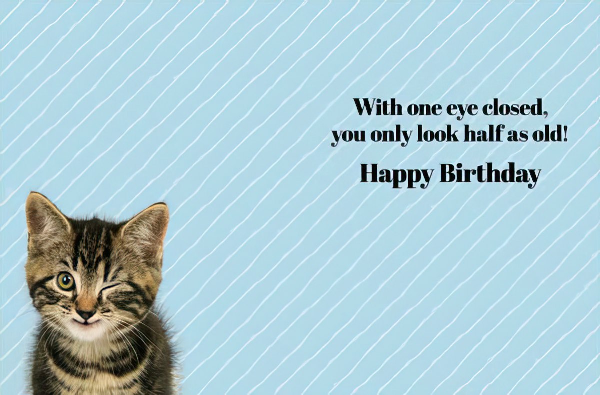 Inside of a funny birthday card with a winking tabby kitten and text: 'With one eye closed, you only look half as old! Happy Birthday' on blue stripes.