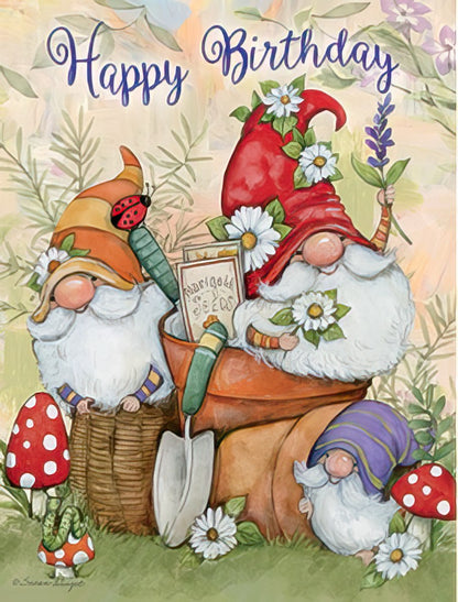 Front of a 'Happy Birthday' note card with gnomes, one holding lavender, another with seeds in a pot, surrounded by mushrooms.