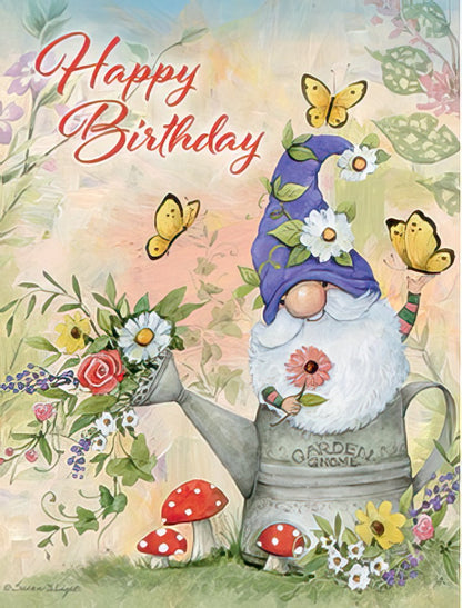 Front of a 'Happy Birthday' card featuring a gnome watering flowers with delicate butterflies flying around it.