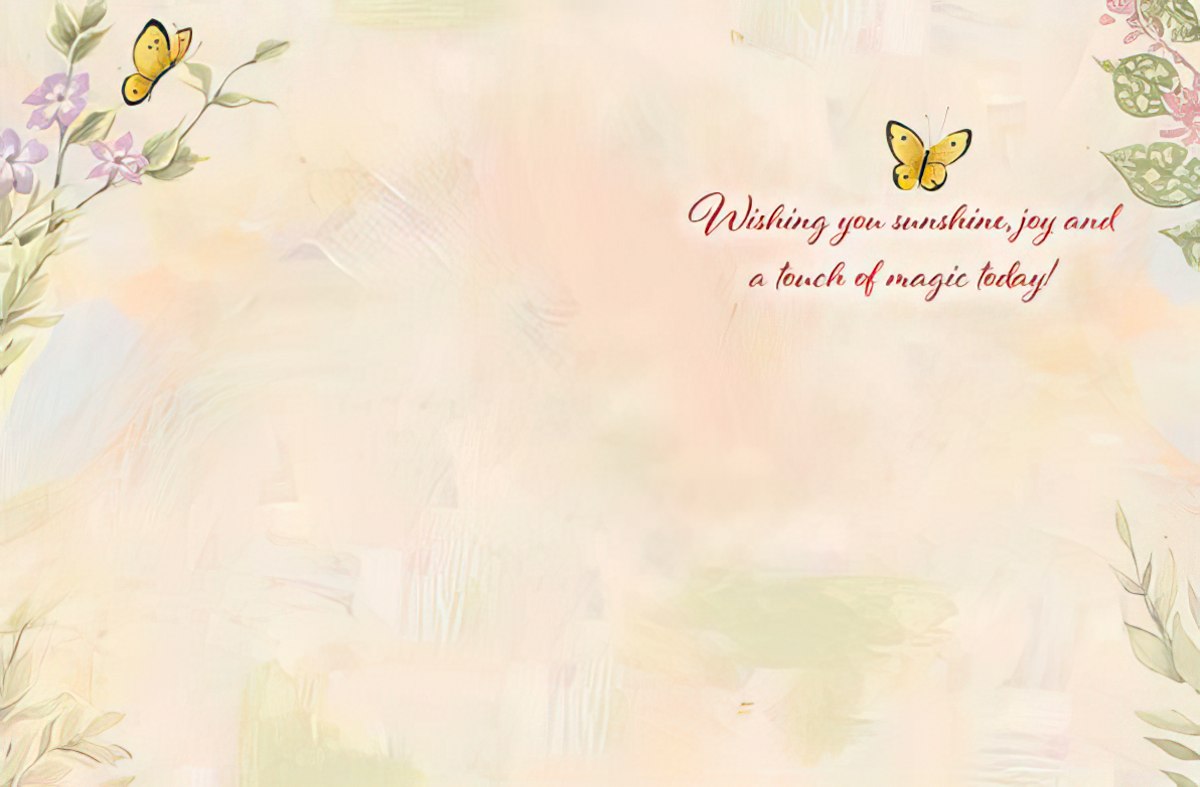 Inside of 'Happy Birthday' card with butterflies and text: 'Wishing you sunshine, joy and a touch of magic today!'.