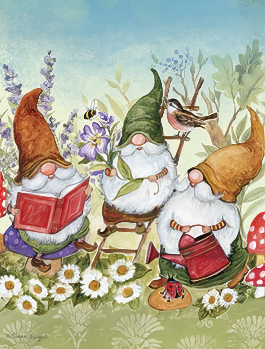Front of a charming gnome note card with three gnomes reading, gardening, and a friendly bird perched nearby.