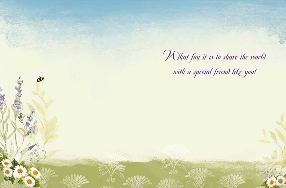 Inside of gnome card with a bee and text: 'What fun it is to share the world with a special friend like you!'.