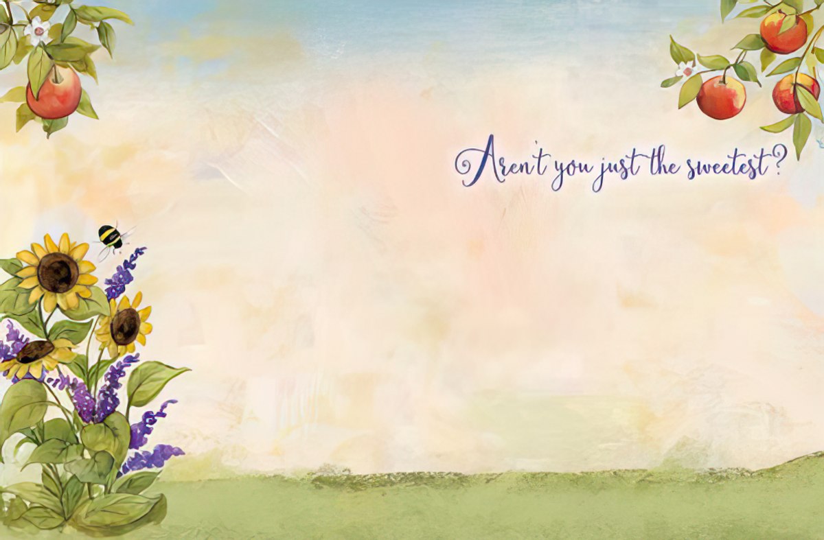 Inside of 'Thank You' card with apples and text: 'Aren't you just the sweetest?' on a light, warm background.