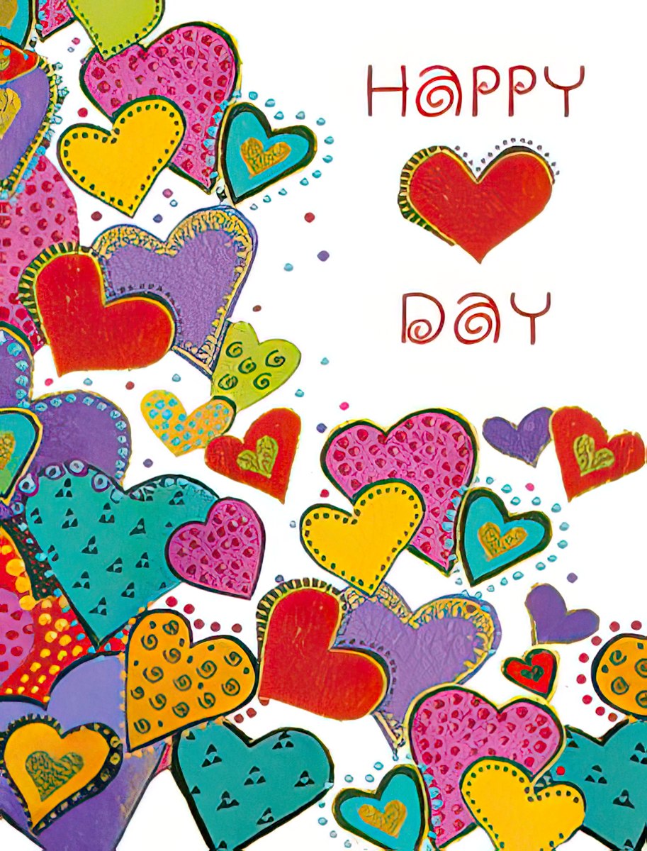 Front of a vibrant greeting card featuring a border of colorful, patterned hearts in red, purple, yellow, teal, and pink, with 'HAPPY DAY' in whimsical red script on a white background.
