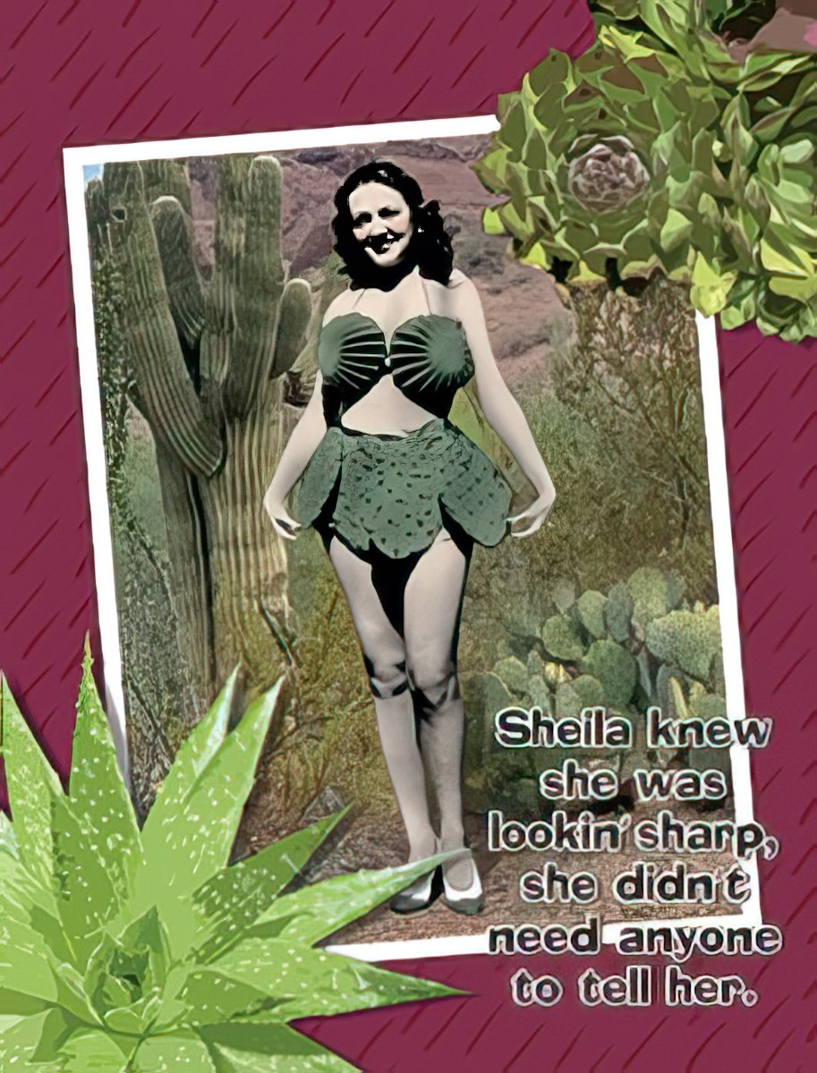 Front of a sassy birthday card featuring a vintage-style woman in a green leaf-patterned bikini with a shell bra, posing confidently in a desert landscape with saguaro cacti and succulents. The text reads: "Sheila knew she was lookin' sharp, she didn't need anyone to tell her." The card has a deep red background with green succulent accents.
