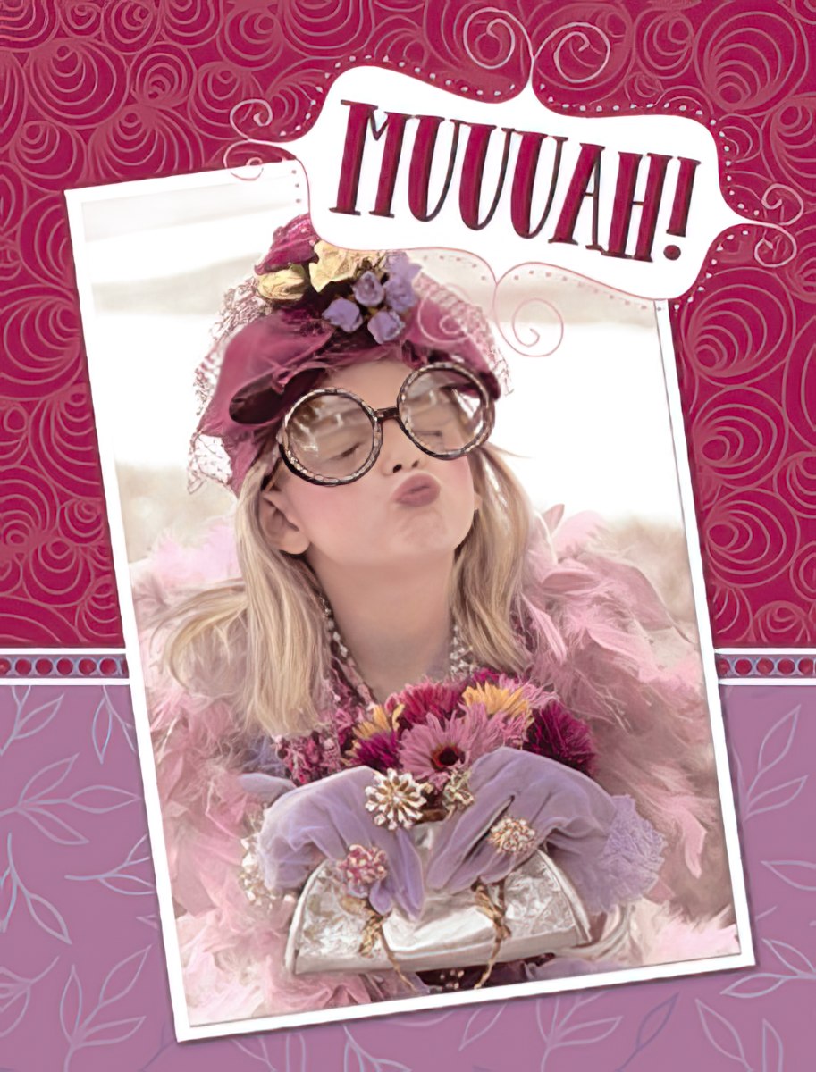 Cute blonde child in a pink feather boa, large hat, and round glasses blowing a kiss, with 'MUUVAH!' text on a decorative greeting card front.
