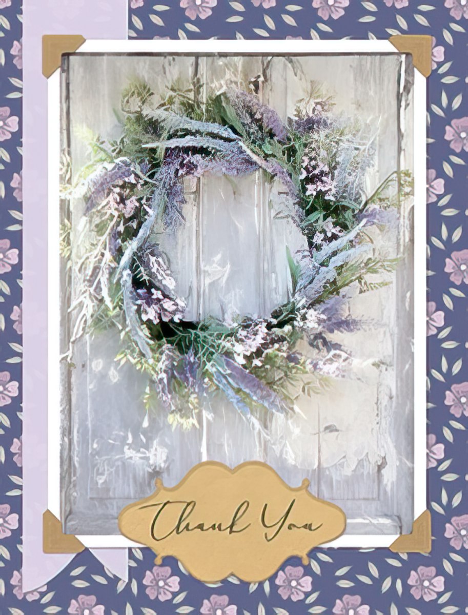 Greeting card featuring a beautiful lavender wreath on a rustic white wooden door, framed by a purple floral pattern, with 'Thank You' in elegant script.