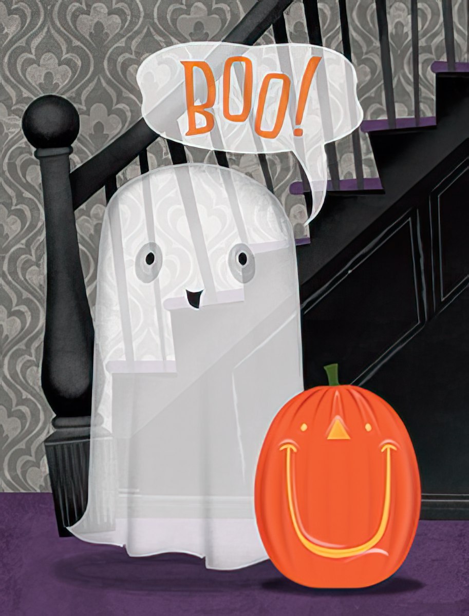 Funny Ghost and Pumpkin by Staircase Note Card Set