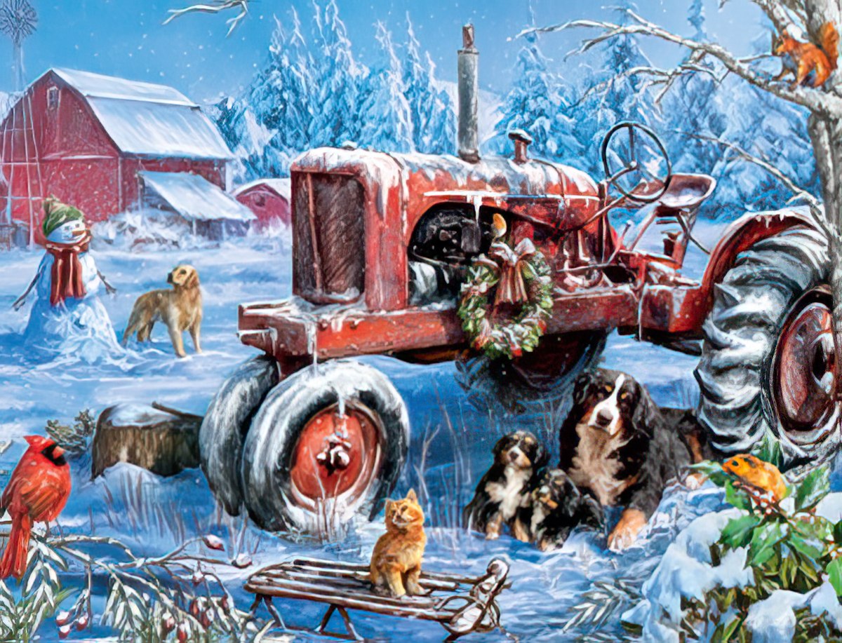 Red Tractor on the Snowy Farm with barn, dogs, and cat