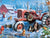 Red Tractor on the Snowy Farm with barn, dogs, and cat