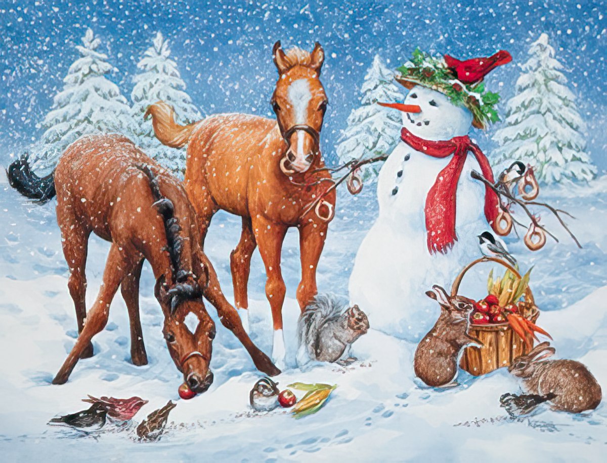 Two young horses with snowman and critters in a snowy forest