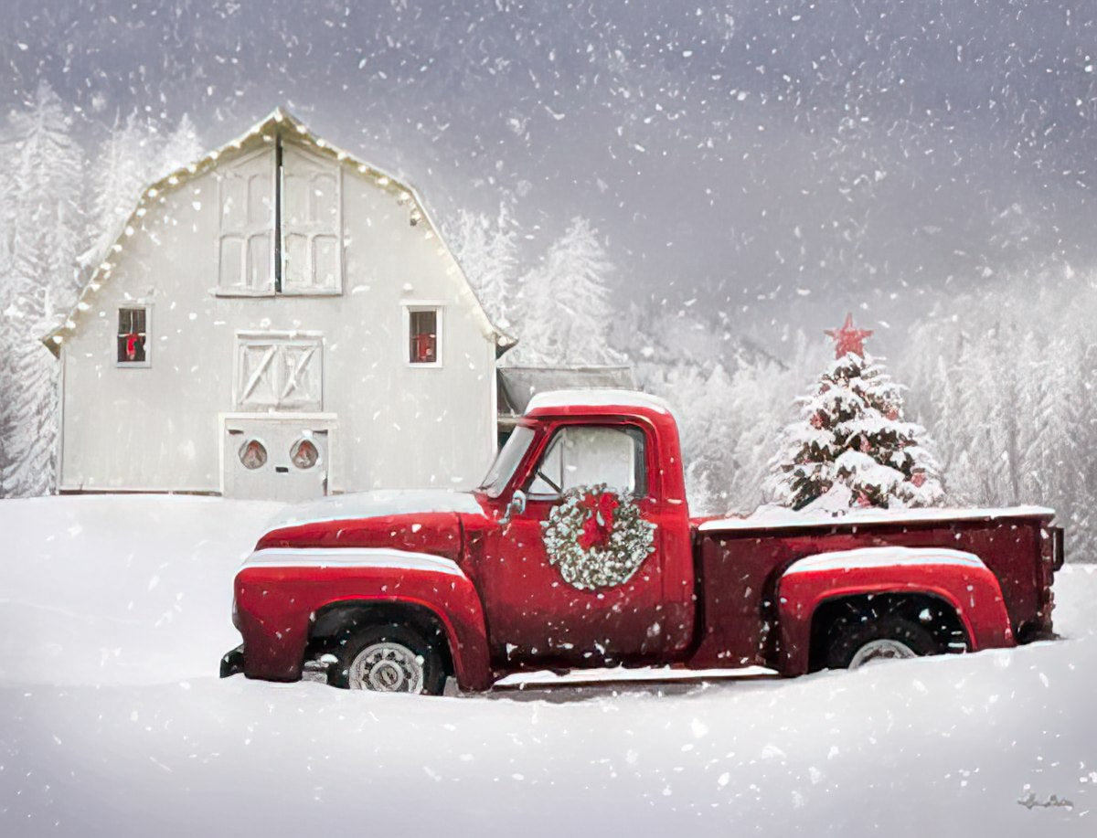Winter scene with Red Truck White Barn and Christmas tree