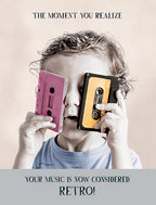 Humorous greeting card front featuring a child covering eyes with pink and orange cassette tapes, with text 'THE MOMENT YOU REALIZE YOUR MUSIC IS NOW CONSIDERED RETRO!'. Perfect for a funny nostalgic birthday.