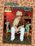 Sassy card featuring a stylish senior woman in sunglasses and a fur wrap on an ornate chair, with 'Attitude is everything!' text, perfect for a chic celebratory occasion.