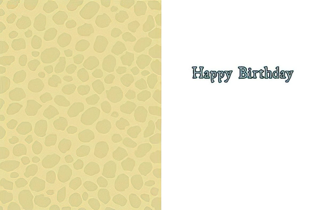 Open greeting card interior with a pale yellow patterned left side and a white right side featuring elegant 'Happy Birthday' typography, ready for a personal message.