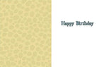 Open greeting card interior with a pale yellow patterned left side and a white right side featuring elegant 'Happy Birthday' typography, ready for a personal message.