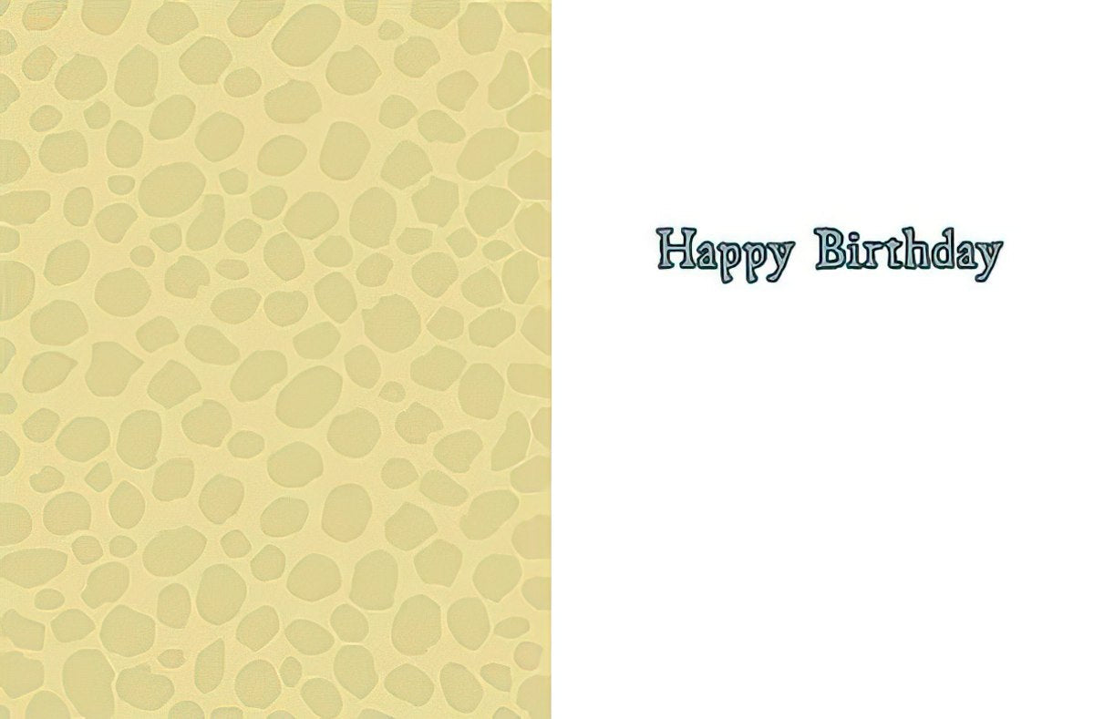 Open greeting card interior with a pale yellow patterned left side and a white right side featuring elegant 'Happy Birthday' typography, ready for a personal message.