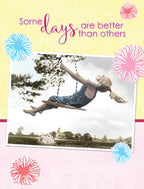 Uplifting greeting card with a girl swinging under a bright sky, surrounded by colorful abstract flowers. Perfect for sending a positive message.