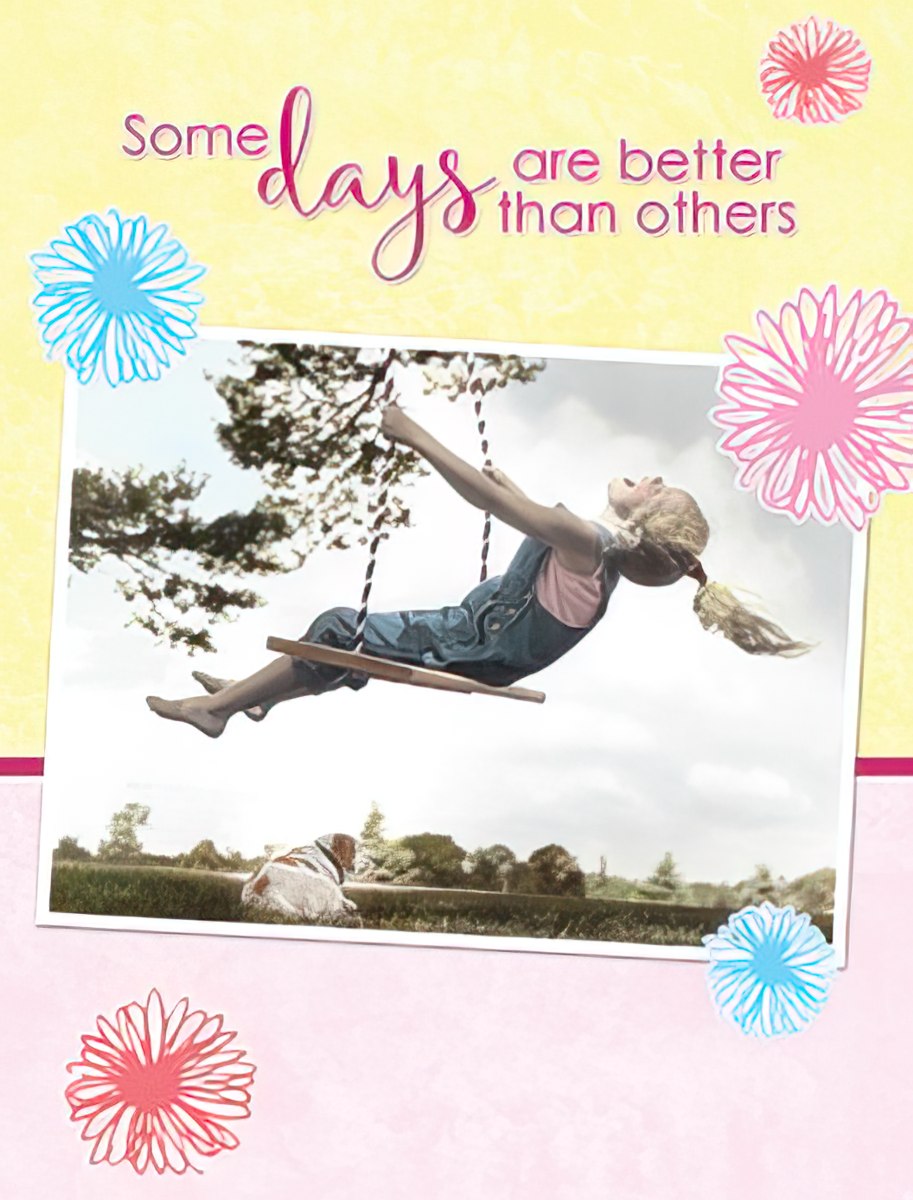 Uplifting greeting card with a girl swinging under a bright sky, surrounded by colorful abstract flowers. Perfect for sending a positive message.